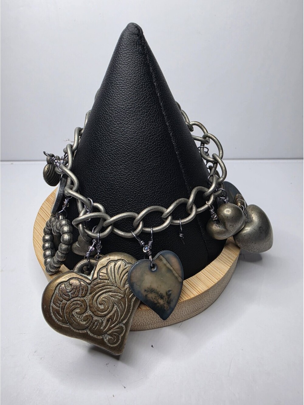 Vintage Antique Bronze Chunky Chain Heart Charm Bracelet